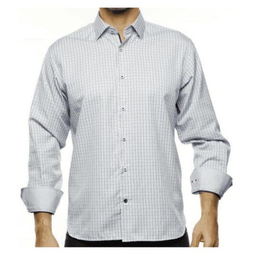 Luchiano Visconti Black Label Blue Jacquard Check Cotton Blend Dress NWT Shirt S